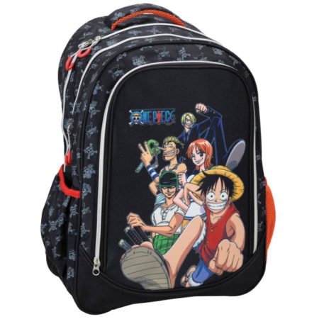 Un sac à dos noir officiel One Piece avec l'équipage de Chapeau de paille imprimé à l'avant.